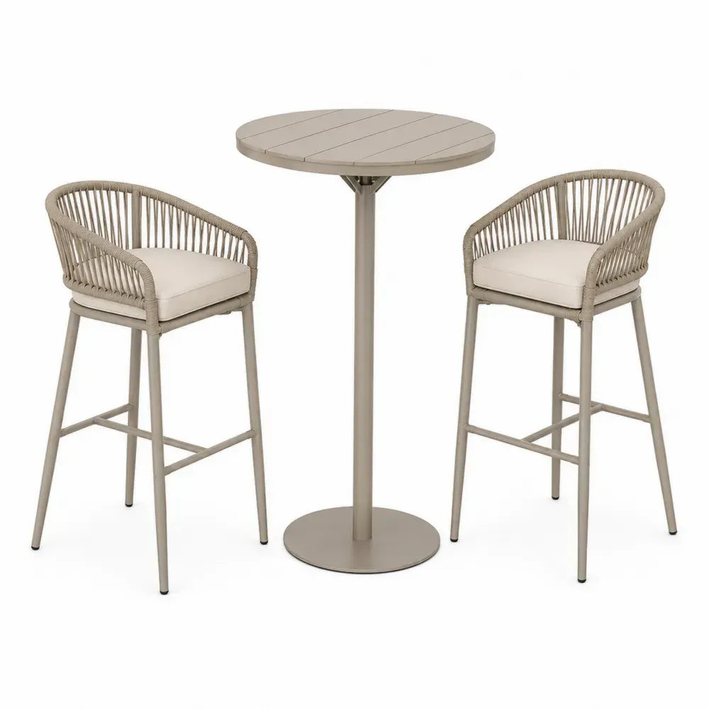 3-teiliges Balkon Barset mit rundem Bartisch Ø 70 x 105 cm und 2 Barstühlen Stahl PE-Seilgeflecht Taupe Creme Schwarz