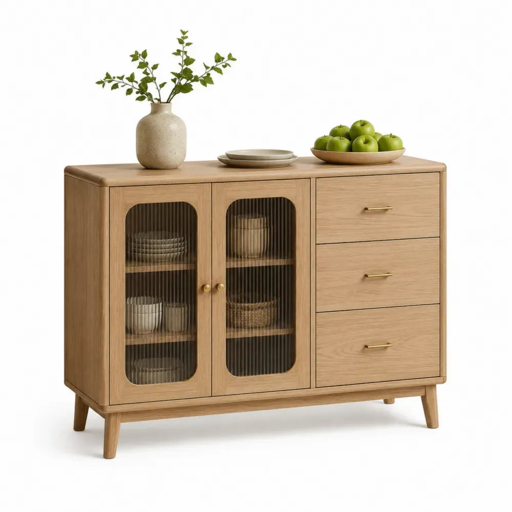 Sideboard Buffet-Schrank rechteckig mit 2 geriffelten Glastüren 3 Schubladen 120 x 40 x 85 cm melaminbeschichtete Spanplatte Eiche-Dekor Goldfarbene Griffe