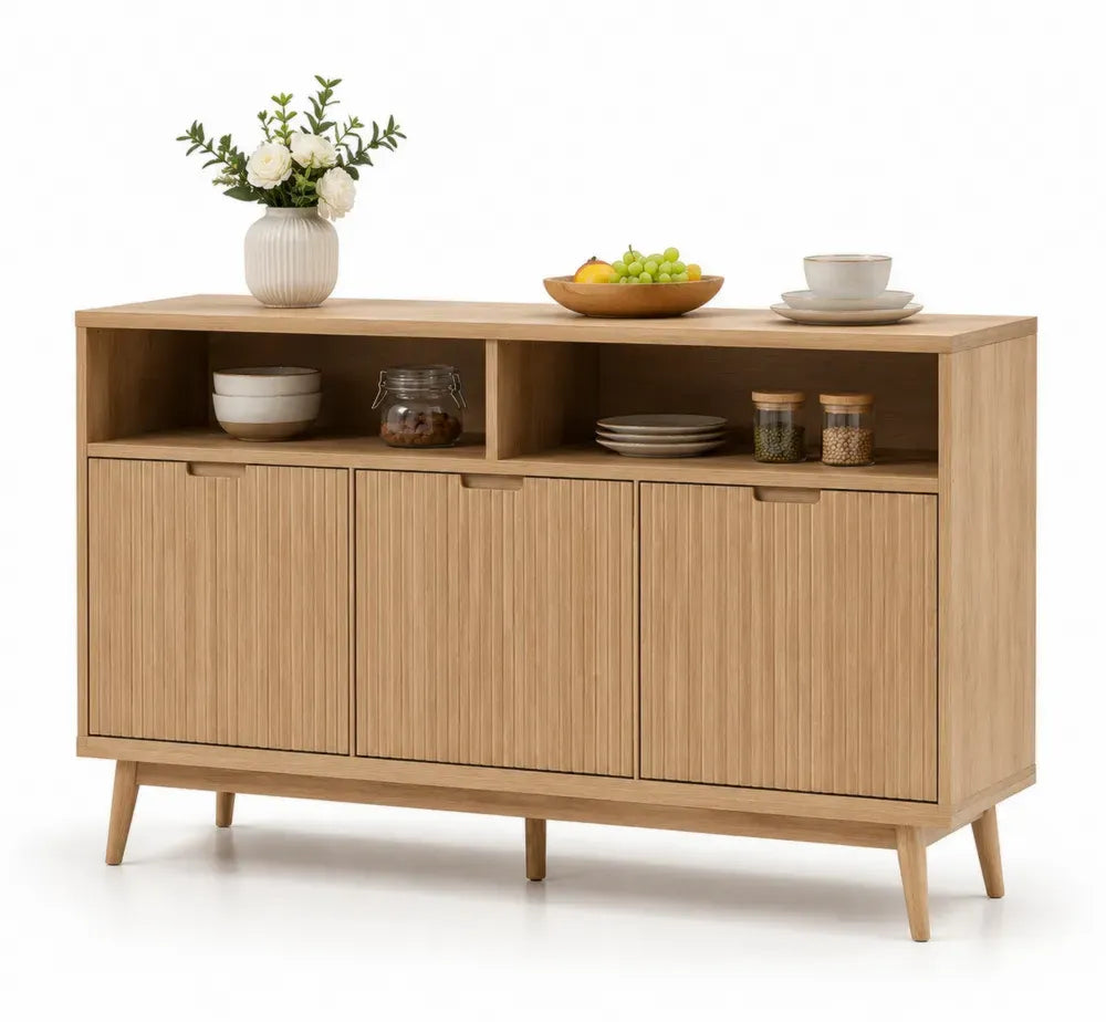 Sideboard Buffet Schrank mit 3 geriffelten Türen und offenen Fächern melaminbeschichtete Spanplatte Eiche Dekor Natur 140 x 40 x 85 cm