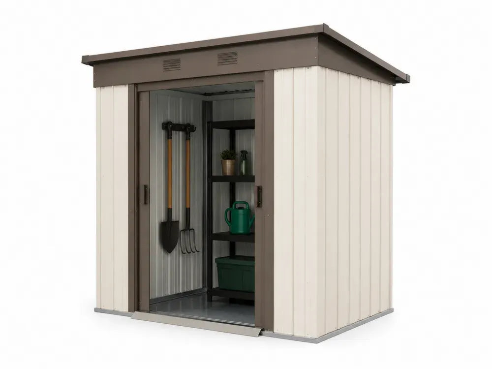 Gartenschuppen Gerätehaus Metall 213 x 130 x 185 cm verzinktes Stahlblech Pultdach rechteckig Creme Dunkelbraun Silberfarben