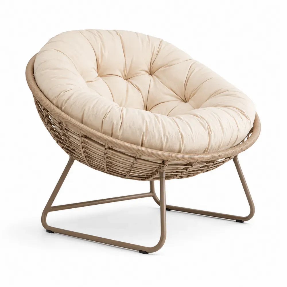 Papasan Gartensessel 105 x 92 x 82 cm Stahl PE-Rattan runde Schalenform Cremebeige Naturbeige Taupe Schwarz mit Kissen