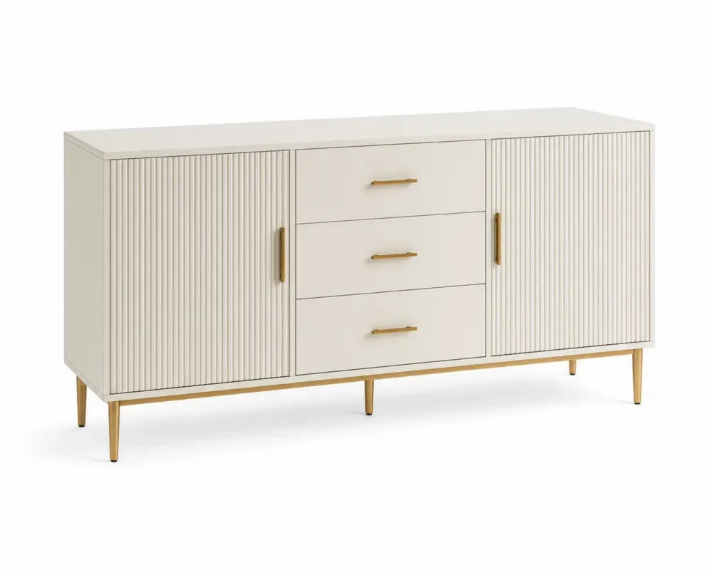 Sideboard Buffet-Schrank rechteckig mit 2 geriffelten Türen 3 Schubladen MDF Stahlbeine 160 x 40 x 82 cm Cremeweiß Goldfarben