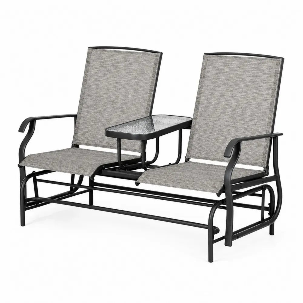 2-Sitzer Gartenbank mit Mitteltisch 150 x 75 x 92 cm Stahl Textilene Sicherheitsglas Grau Schwarz Transparent