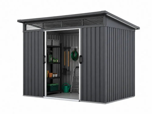 Gartenschuppen Gerätehaus mit Schiebetüren 277 x 191 x 192 cm verzinktes Stahlblech Pultdach Anthrazit Grau Silber Schwarz