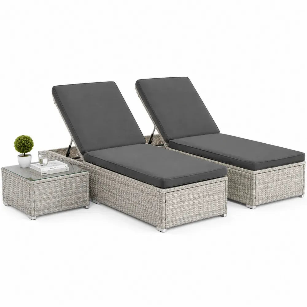 3-teiliges Gartenliegen Set mit 2 Sonnenliegen 195 x 65 x 32 cm und Beistelltisch 60 x 60 x 35 cm PE-Rattan Stahl Polyester Glas Hellgrau Anthrazit
