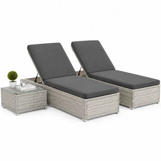 3-teiliges Gartenliegen Set mit 2 Sonnenliegen 195 x 65 x 32 cm und Beistelltisch 60 x 60 x 35 cm PE-Rattan Stahl Polyester Glas Hellgrau Anthrazit