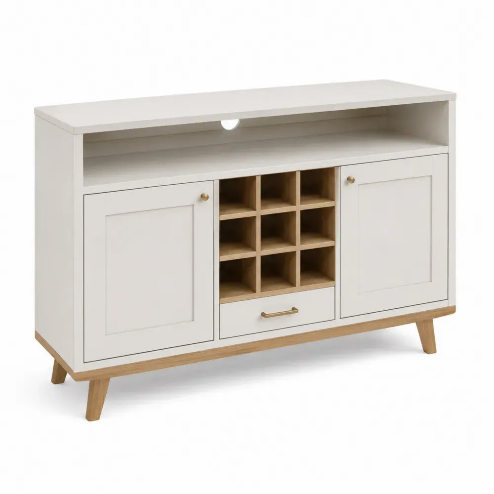 Rechteckiges Sideboard Buffet mit 2 Türen Weinregal 9 Fächern Schublade offenem Fach MDF Kautschukbaum Weiß Naturholz Gold 120 x 40 x 80 cm