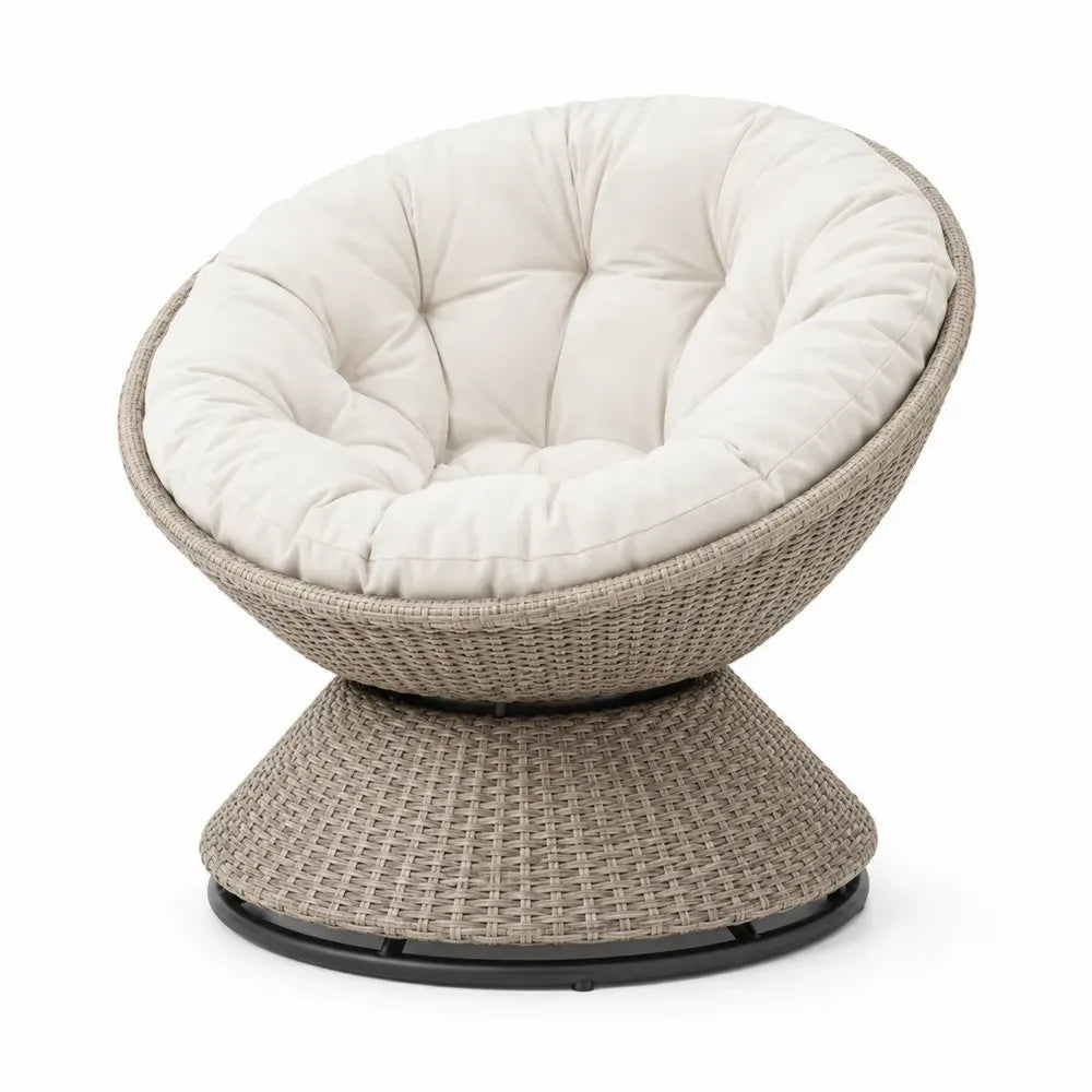 Papasan Gartensessel drehbar mit Kissen 100 x 92 x 85 cm PE-Rattan Stahl Polyester rund Beige Creme Schwarz