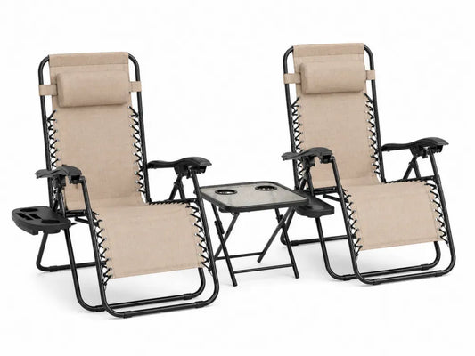 3-teiliges Relaxliegen Set mit 2 Gartenliegen 165 x 65 x 112 cm und Beistelltisch 50 x 50 x 50 cm Stahl Textilene Glas Beige Schwarz