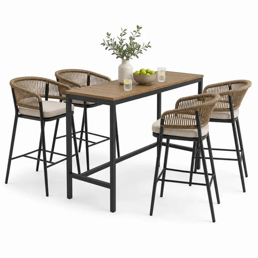 5-teiliges Gartenbar Set mit Bartisch 120 x 60 x 105 cm und 4 Barhockern PE-Rattan Stahl WPC rechteckig Naturbraun Schwarz Beige