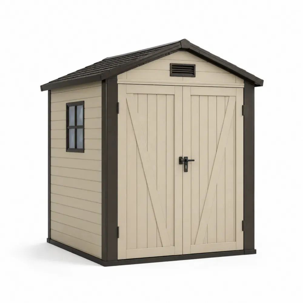 Gartenschuppen Gerätehaus 183 x 122 x 196 cm PP Kunststoff Satteldach rechteckig Beige Braun Schwarz mit Doppeltür Fenster und Lüftung
