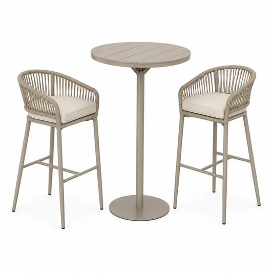 3-teiliges Balkon Barset mit rundem Bartisch Ø 70 x 105 cm und 2 Barstühlen Stahl PE-Seilgeflecht Taupe Creme Schwarz