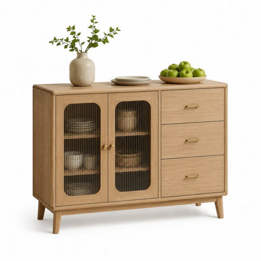 Sideboard Buffet-Schrank rechteckig mit 2 geriffelten Glastüren 3 Schubladen 120 x 40 x 85 cm melaminbeschichtete Spanplatte Eiche-Dekor Goldfarbene Griffe