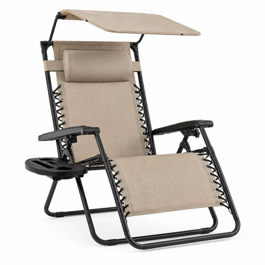 Relaxstuhl Gartenliege mit Sonnendach und Getränkeablage 165 x 72 x 118 cm Stahl PVC-beschichtetes Polyestergewebe Beige Schwarz