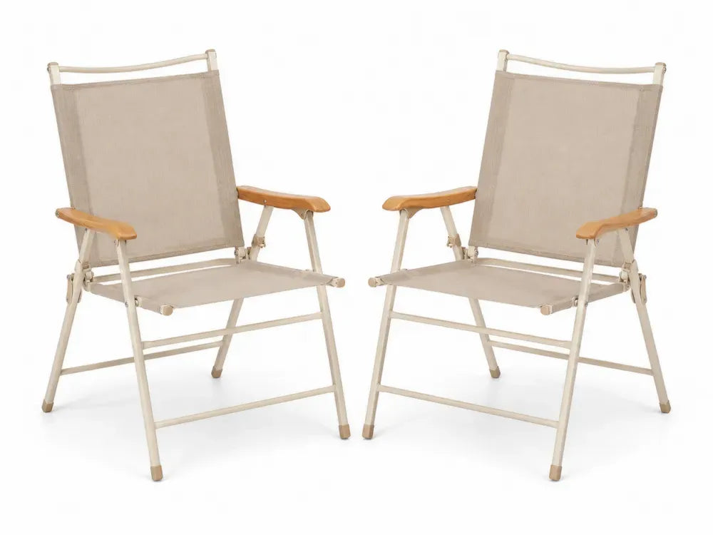 2er Set Garten Klappstühle mit Armlehnen 55 x 60 x 88 cm Stahlrohr Textilene Akazienholz rechteckig Beige Creme Naturbraun