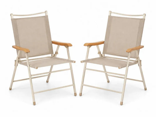 2er Set Garten Klappstühle mit Armlehnen 55 x 60 x 88 cm Stahlrohr Textilene Akazienholz rechteckig Beige Creme Naturbraun