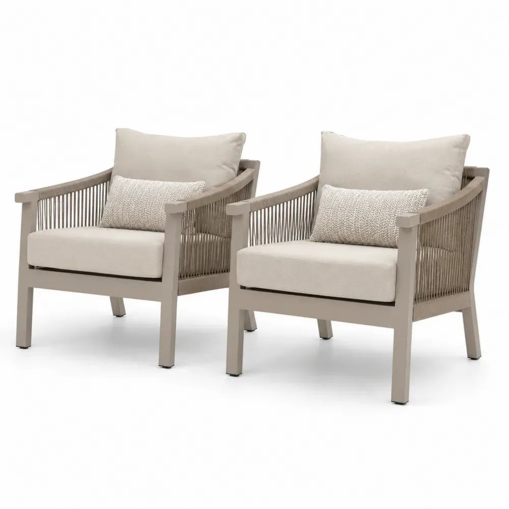 2er Set Garten Loungesessel mit Kissen 73 x 75 x 83 cm Aluminium PP-Seil Polyester rechteckig Beige Taupe Schwarz