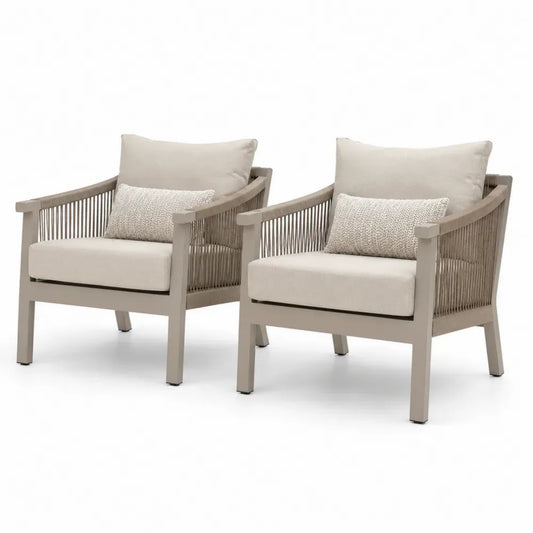 2er Set Garten Loungesessel mit Kissen 73 x 75 x 83 cm Aluminium PP-Seil Polyester rechteckig Beige Taupe Schwarz