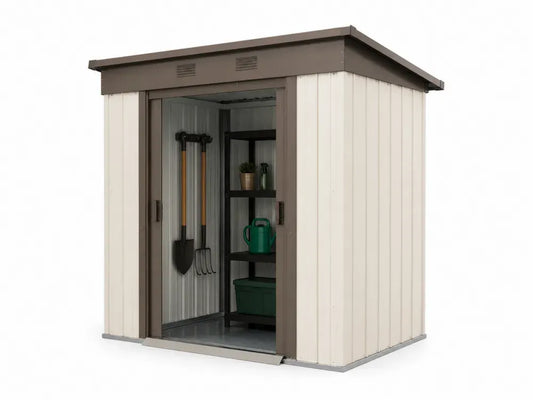 Gartenschuppen Gerätehaus Metall 213 x 130 x 185 cm verzinktes Stahlblech Pultdach rechteckig Creme Dunkelbraun Silberfarben