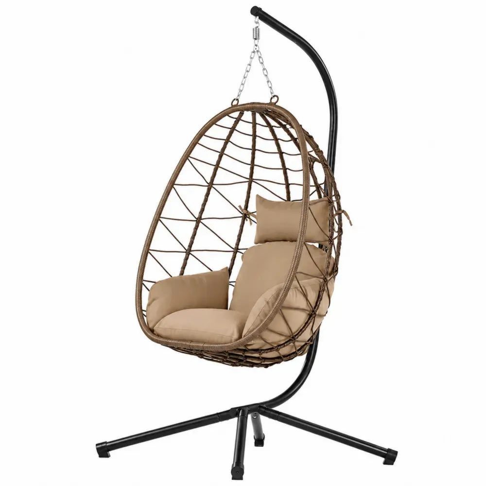 Hängesessel mit Gestell 105 x 100 x 195 cm Stahl PE-Rattan Eiform Braun Beige Schwarz Silber