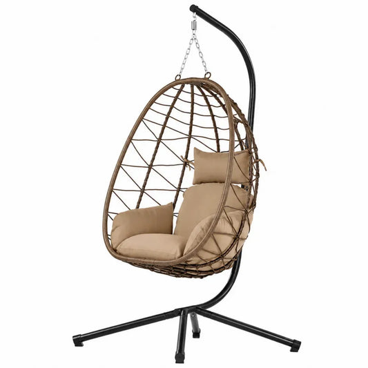 Hängesessel mit Gestell 105 x 100 x 195 cm Stahl PE-Rattan Eiform Braun Beige Schwarz Silber
