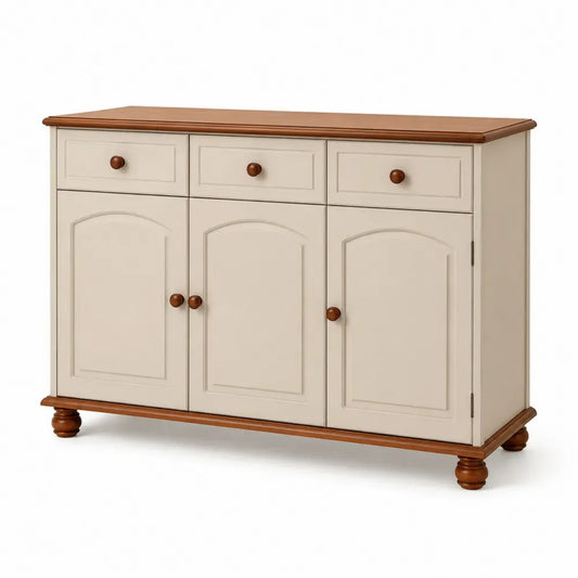Sideboard Buffet-Schrank rechteckig mit 3 Türen 3 Schubladen MDF Kautschukbaum-Massivholz 120 x 40 x 85 cm Cremeweiß Walnussbraun