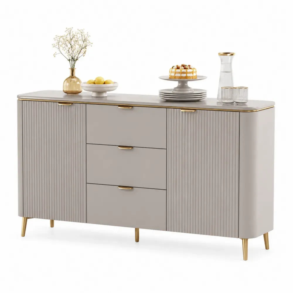 Sideboard Buffetschrank mit 2 geriffelten Türen und 3 Schubladen abgerundeten Seiten MDF Greige Goldfarben 160 x 40 x 85 cm